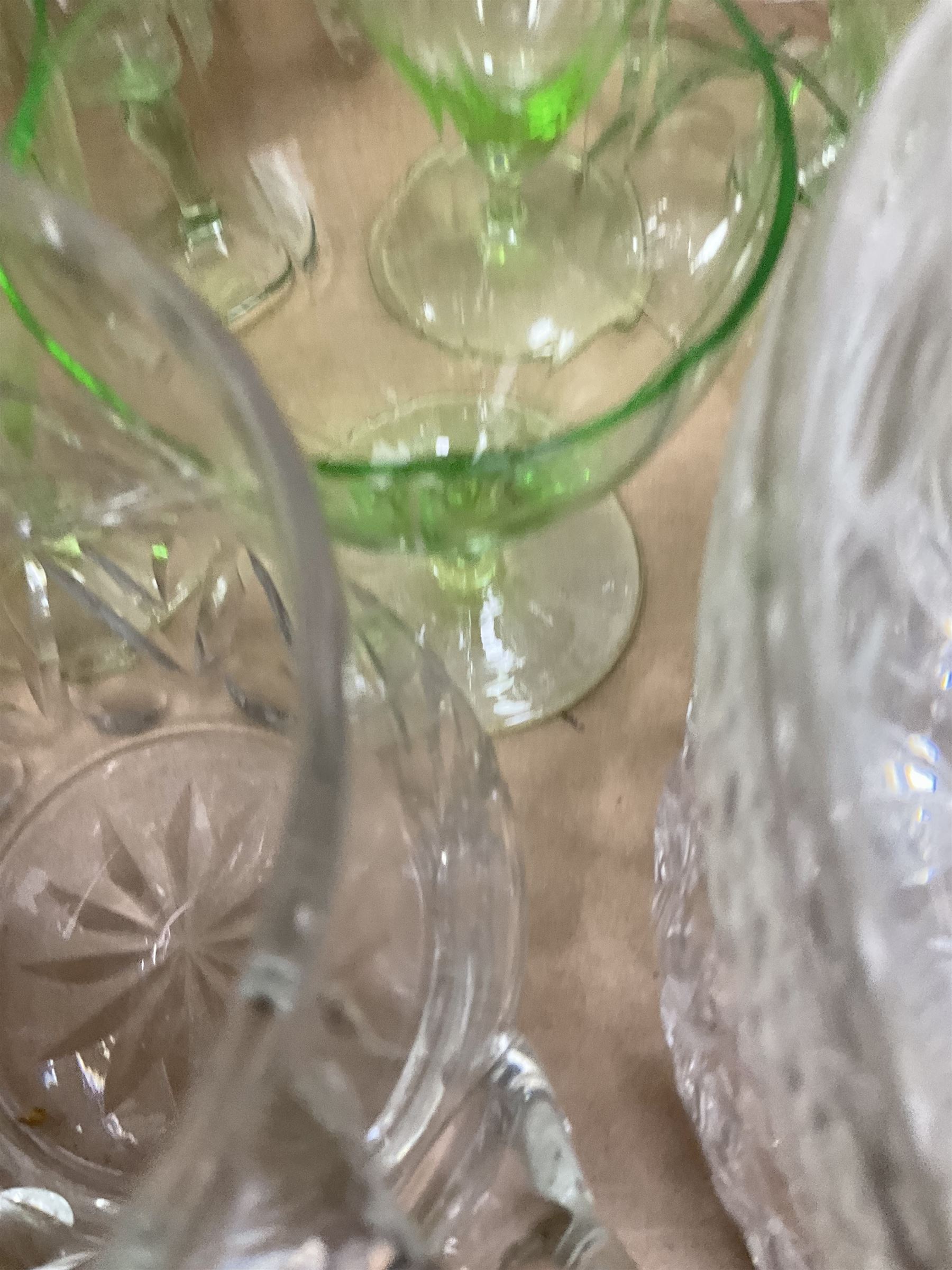 Victorian cut clear glass lustre, decorated with stars, with hollow stem, shaped rim and pendant lustre drops, raised upon circular domed base, H33cm, Mats Jonasson Maleras Sweden glass butterfly bowl, in blue and green colourway, D17cm, together with quantity of glass ware to include uranium glasses, in two boxes