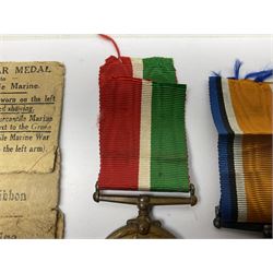 WWI pair of medals comprising Mercantile Marine medal and British War medal, awarded to Dominic L Kelly; both with ribbons and part original packaging and a Victoria Diamond Jubilee medallion.
