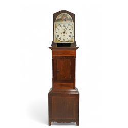 William Brooksbank of Bradford - late oak and mahogany 30-hour 19th century longcase clock c1860, with a swan necked pediment and turned wooden +finial, with a break arch hood door flanked by bobbin turned pilasters, trunk with canted corners and a short trunk door on a broad plinth with banding, painted dial with painted cottages to the spandrels and a depiction of a country girl to the arch, with broad Roman numerals, makers name and stamped brass hands, dial pinned to a chain driven countwheel movement striking the hours on a bell. With weight and pendulum.
William Brooksbank is recorded as working from Market Street, Bradford, 1837-71.