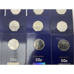 Mostly United Kingdom Queen Elizabeth II commemorative fifty pence coins, including 2019 'Gruffalo', 2020 'Iguanodon', 2022 'The Queen's Jubilee' etc, housed on cards, face value of UK coins approximately 20 GBP