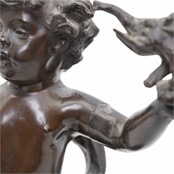 After Rousseau - Pair of bronze figures of cherubs, one holding a toy elephant, the other originally with an artists board on marble bases H23cm