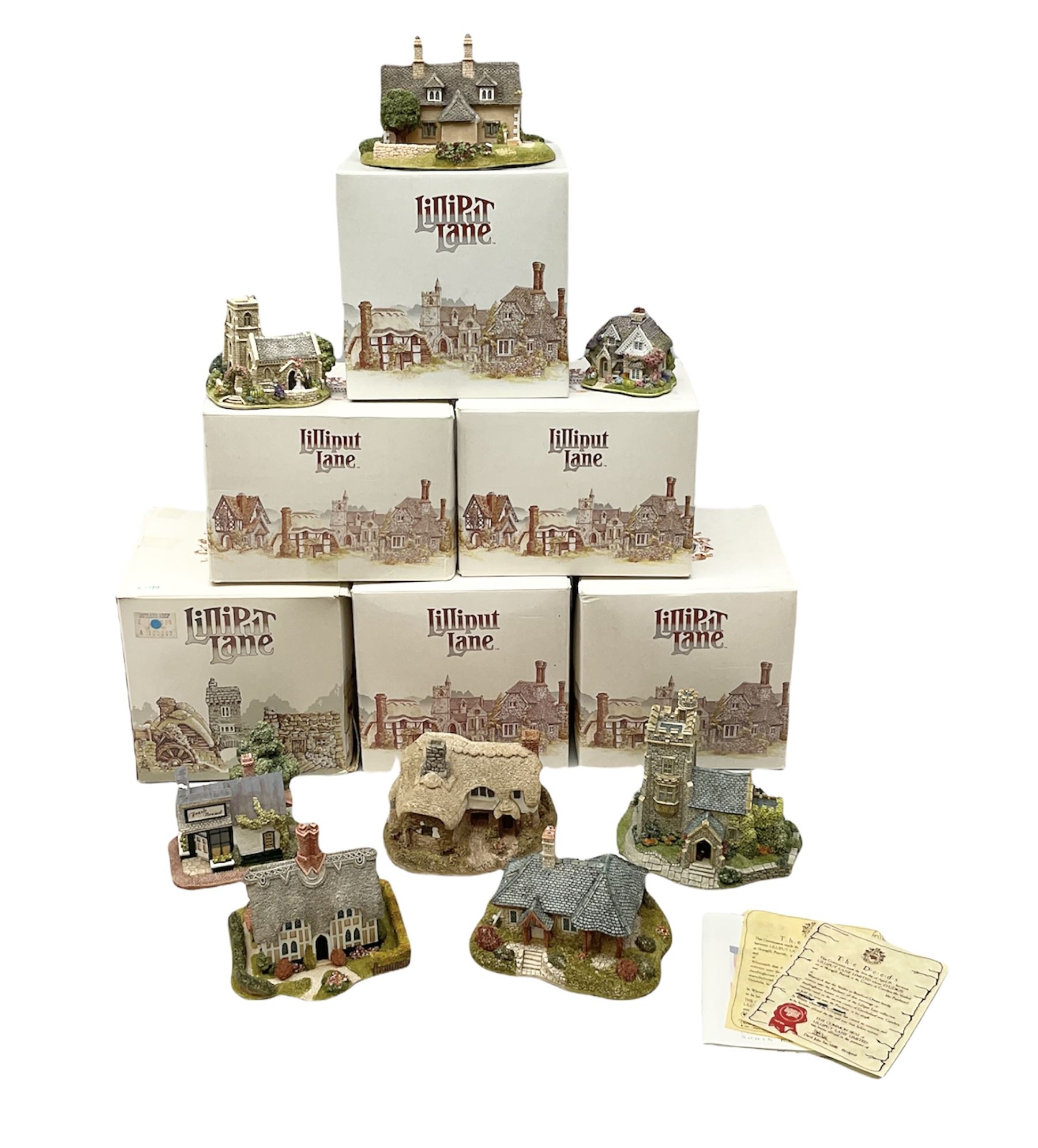 Eight Lilliput Lane models from the 'British Collection' to include six boxed and two loose examples, including 'Kenmore Cottage' and 'Hopcroft Cottage', some with deeds