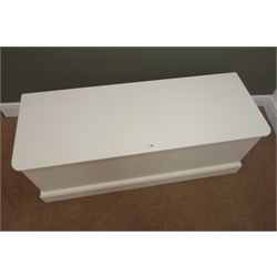 Cream painted blanket box, moulded hinged top, plinth base, W127cm, H47cm, D47cm  