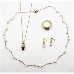  Pearl set 9ct gold wire necklace stamped 375, amethyst gold ring, garnet pendant necklace and pair crystal ear-rings all hallmarked 9ct  