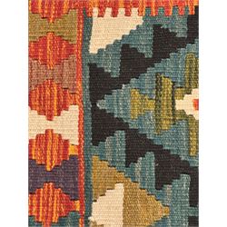 Afghan Maimana Kilim flatweave runner, handwoven with a teal ground featuring a bold multicoloured diamond-lattice design, enclosed by stylised border motifs, finished with fringed edge