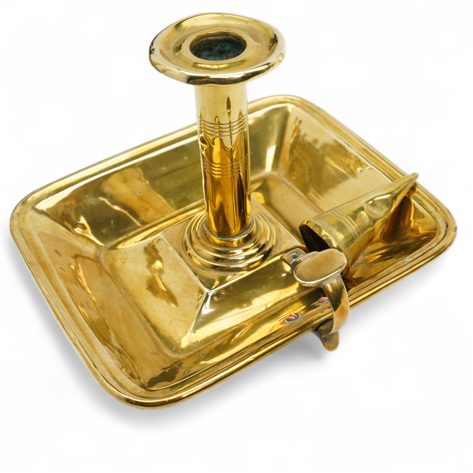 Early 20th century brass 'Mr Punch' doorstop H29cm, another 'Judy' H28cm, pair of brass Jack of Diamonds brass candlesticks H36cm, two other candlesticks and a chamber stick (7)