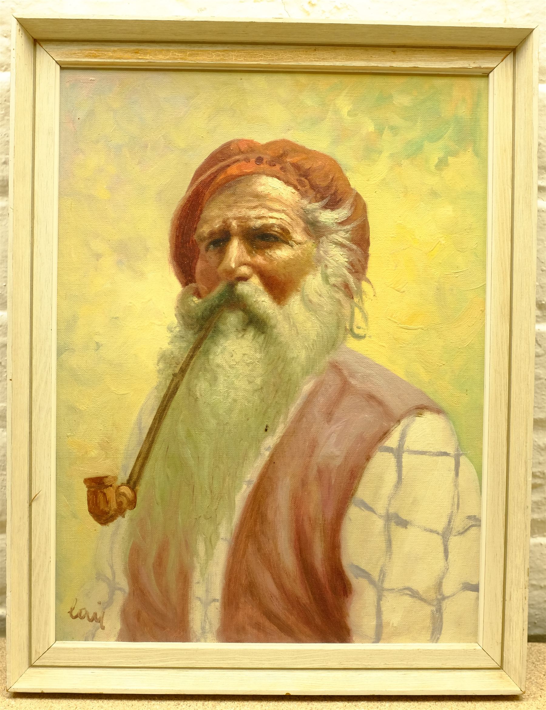 Oriental School (20th century): City Harbour, oil on canvas indistinctly signed, together with four smaller similar oils on board and a portrait of a gentleman, max 45cm x 54cm (6)