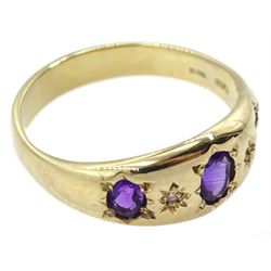 9ct gold gypsy set five stone oval amethyst and diamond ring, stamped 375 with Birmingham assay mark