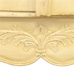 French Louis XV design cream painted double armoire, serpentine moulded pediment surmounted by carved foliate crest, enclosed by two shaped panel doors with applied scroll and leaf mouldings, enclosing a hanging rail and adjustable shelving, fluted uprights with carved floral terminals, on shaped apron and cabriole feet