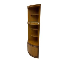 Beautility - mid-20th century teak corner unit, fitted with four shelves over double cupboard