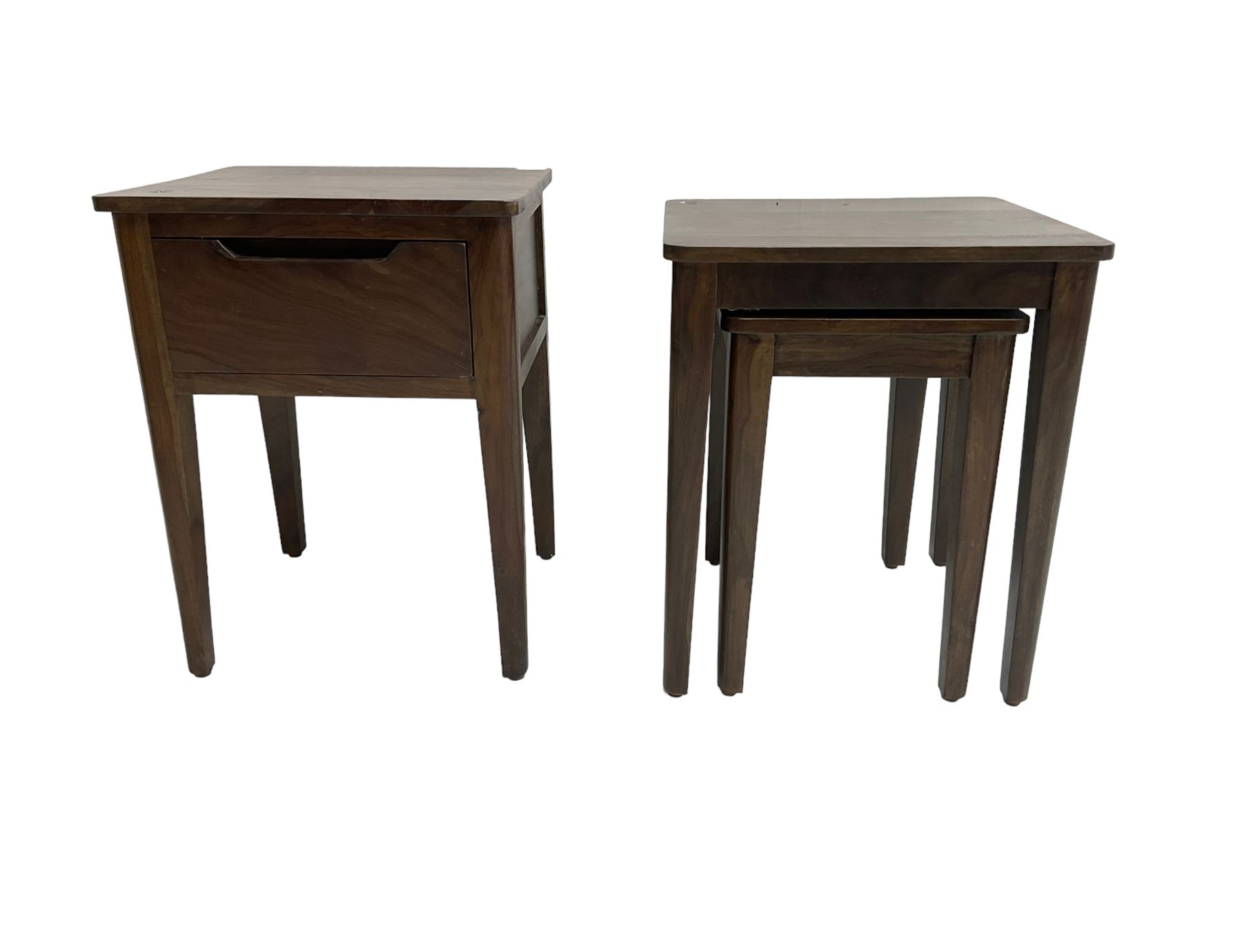 Hardwood side table, fitted with single drawer (W45cm D40cm H60); and matching nest of two tables (W46cm D43cm H55cm)