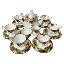 Royal Albert Old Country Roses pattern, tea service for six, comprising teapot, milk jug, open sucrier, dessert plates, teacups and saucers