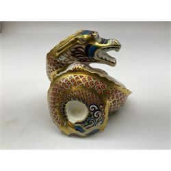 Two Royal Crown Derby paperweights, Dragon of Happiness, limited edition 1227/1500 and Dragon of Good Fortune, limited edition 1227/1500, both with gold stopper, hardwood base, certificate and with printed mark beneath