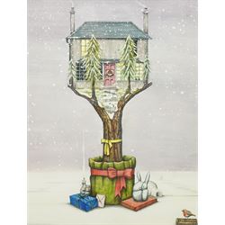 Colin Thompson (British/Australian 1942-): Home in Tree at Christmastime Illustration, ink...