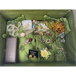 Pair of silver hoop earrings, 9ct gold butterfly earring backs, silver-gilt medal, seven wristwatches, including Rotary, Actim and Stauer and a collection of costume jewellery, contained within a wooden sewing box with walnut veneer and green silk interior
