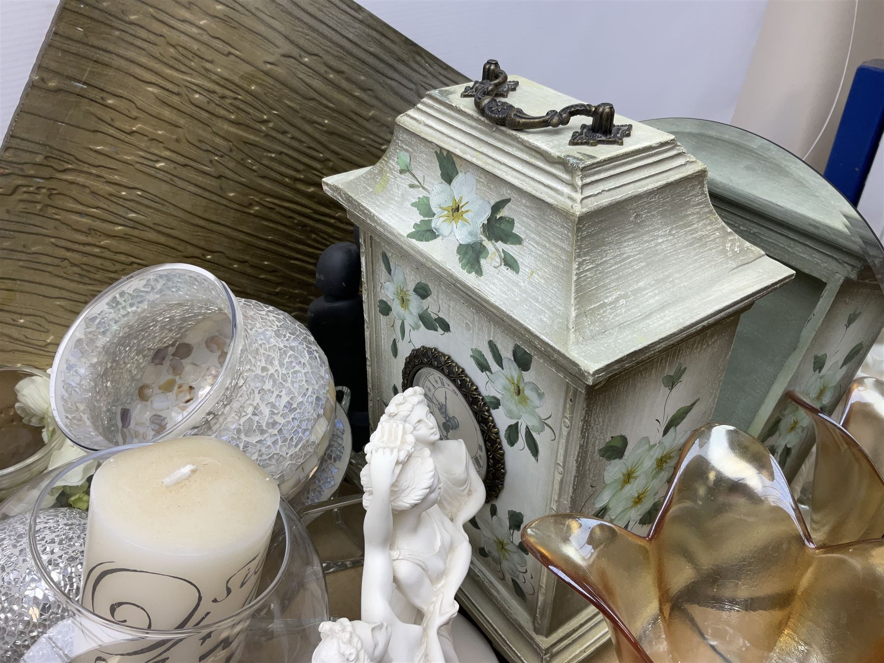 Quantity of glassware and ceramics to include Royal Doulton 'Sisters' matte black figure, vases, clock, and a quantity of Penguin books etc in two boxes