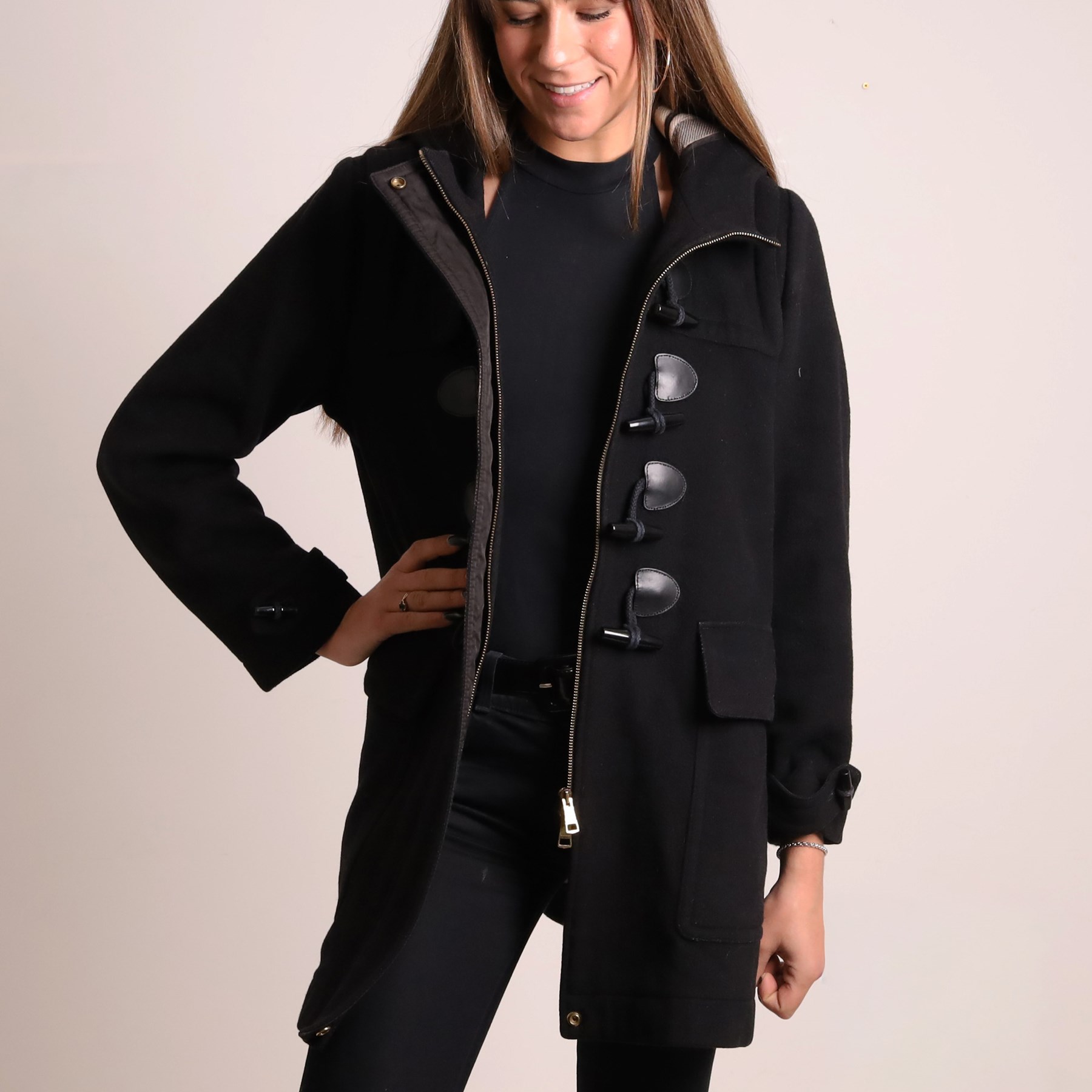 Burberry Brit - black wool duffle coat, with hood, leather toggle fastenings, flap pockets and signature check wool lining, size UK 16