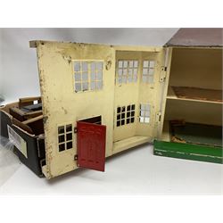 Mid-20th century Tri-ang wooden dolls house of bay-windowed form with hipped roof, the hinged tin-plate front elevation opening to reveal two partially furnished rooms L36cm H40cm D25.5cm; together with a quantity of scratch-built wooden and other dolls house furniture and accessories
