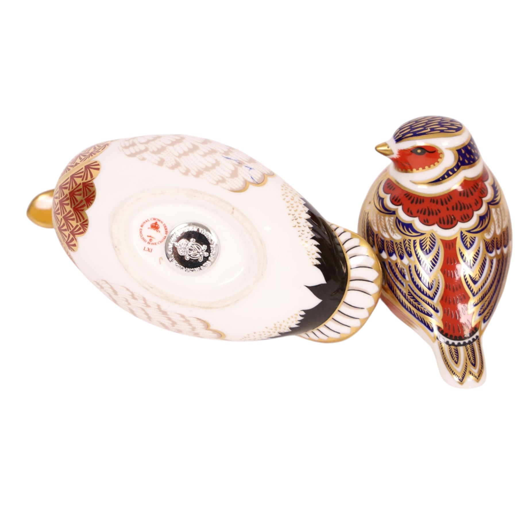 Three Royal Crown Derby paperweights, comprising Mallard silver stopper, Cockerel silver stopper and Chaffinch gold stopper, H6cm