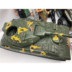 Action Man - Hasbro Strike Force Battle Tank by Sunny Smile; jeep; ten various period dressed figures; and quantity of weapons and other accessories including motorcycle etc