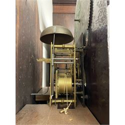 Penlington of Liverpool – early 19th century 8-day mahogany longcase clock, swans neck pediment with three turned wooden finials and verre eglomise panels, trunk with reeded columns and wavy topped door, plinth with canted corners on bracket feet, painted break-arch dial with Roman numerals and five-minute Arabic’s, centre sweep calendar and seconds hands, blue steel serpentine hands, signed beneath a painted rolling moon in the arch PENLINGTON, LIVERPOOL, eight day four pillar movement, anchor escapement and rack striking on a bell. With pendulum and weights.  The Penlington family were prolific clockmakers in 19th century Liverpool working from several addresses in the city, also recorded as chronometer and chronograph makers.