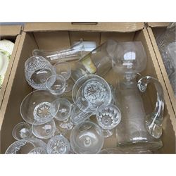 Quantity of glass decanters with stoppers, ceramics etc in three boxes