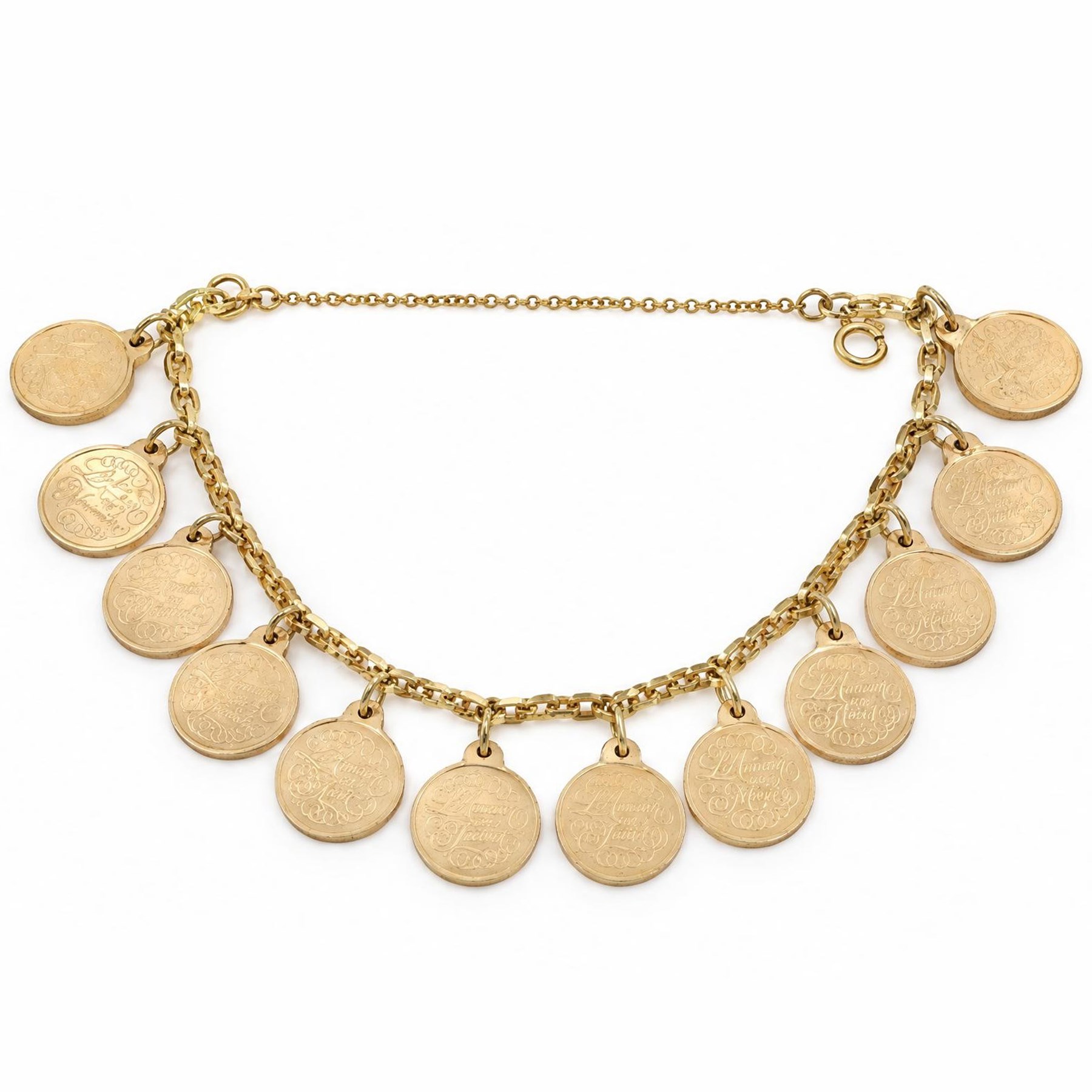 14ct gold 'The Twelve Months of Love' charm bracelet by Franklin Mint, hallmarked, with certificate