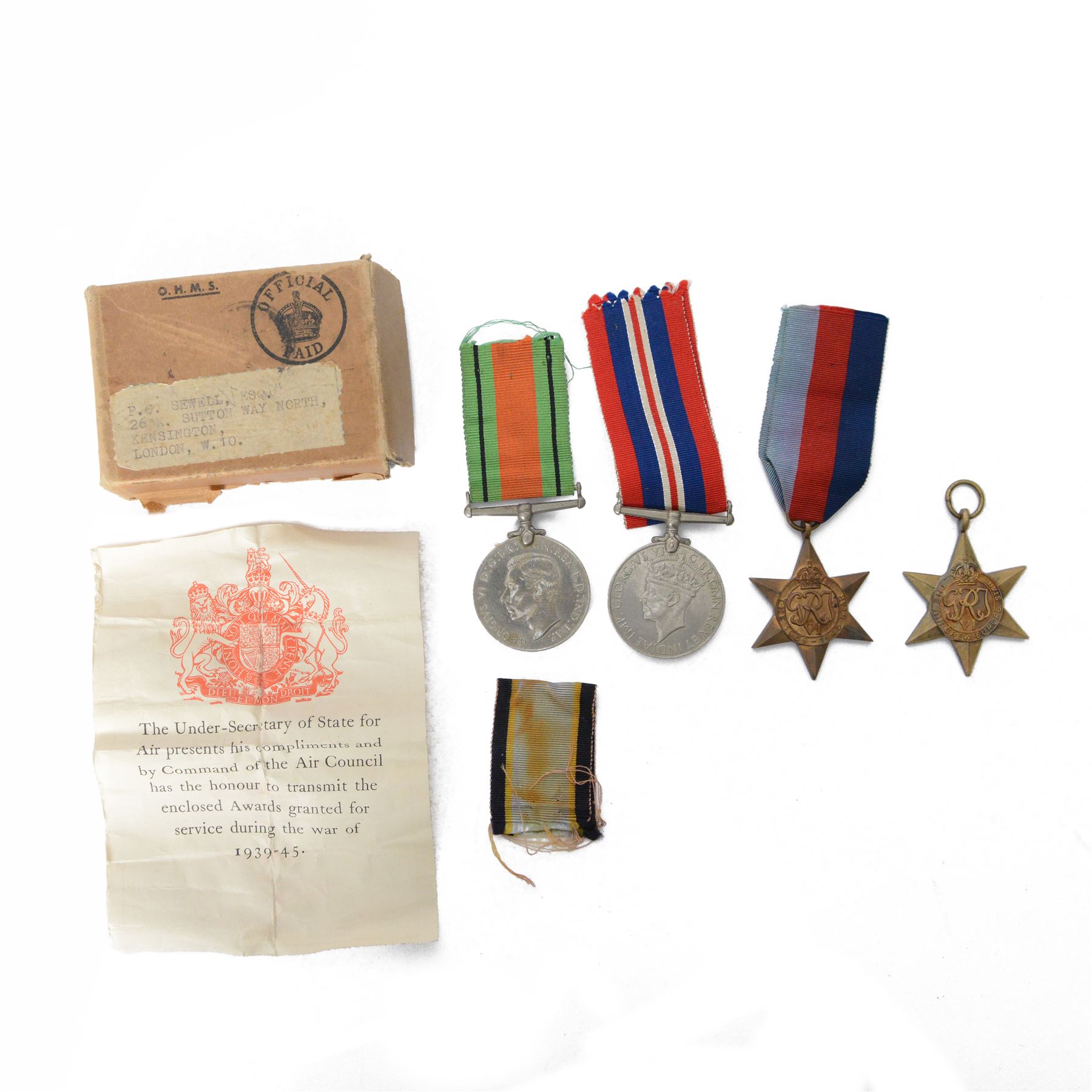 WWII medal group, War medal, Defence medal, 1939-45 star and Air Crew Europe star,  with box of issue 