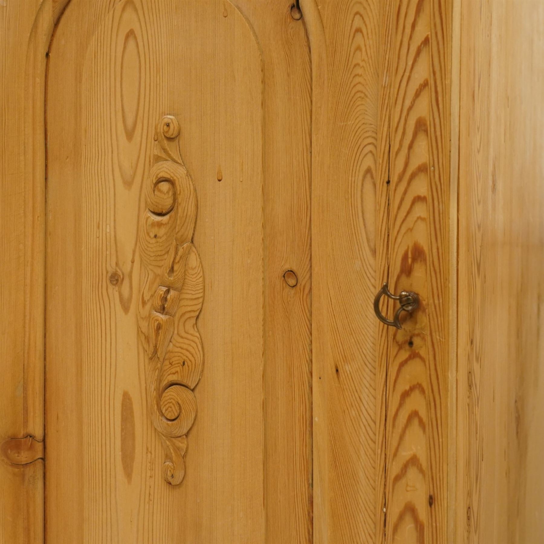 Pair of early 20th century pitch pine bedside cabinets, door with applied foliate carving, raised on cabriole legs
