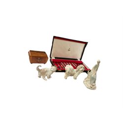 Horn handled canteen of cutlery set, together with with wooden cigarette box, two Nao figures and Lladro figure 