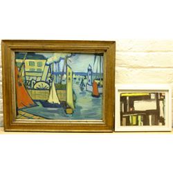 British School (20th century): Paddle Steamer in Harbour, oil on board unsigned, study of flowers verso 36cm x 47cm, and an abstract collage signed G Fox 18cm x 25cm (2)