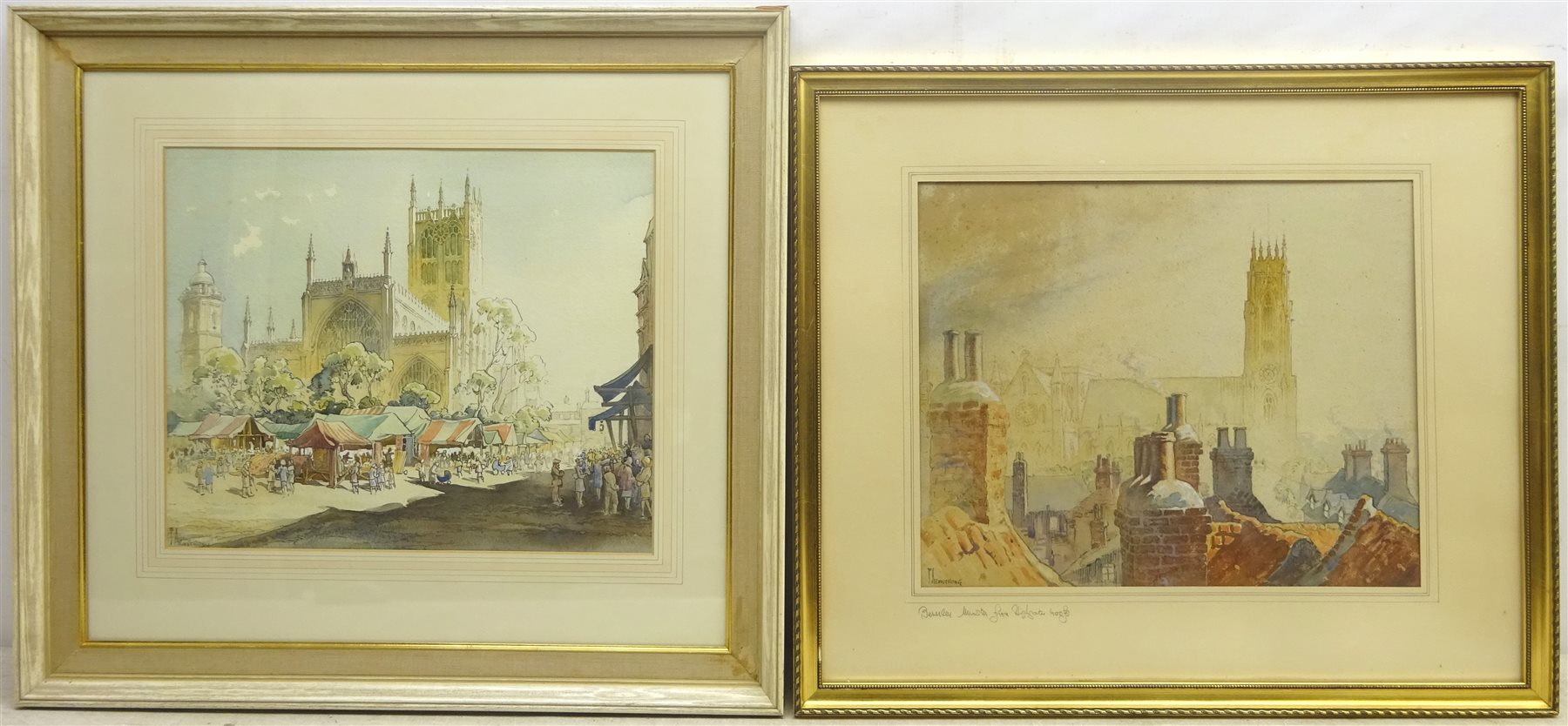 Frank Armstrong (British 1900-1966): 'Beverley Minster from Highgate Roofs' and Beverley Market, two watercolours signed, one titled on the mount 34cm x 41cm (2)