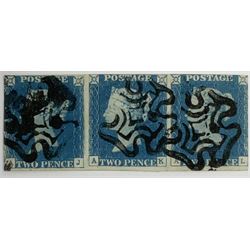 Great Britain Queen Victoria 1840 strip of three two pence blue stamps, each cancelled with black MX