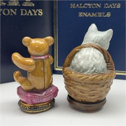 Four Halcyon Days bonbonnieres, modelled as a cat in a basket, a cheetah on rocky ground and two teddy bears, all boxed 