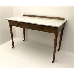 Edwardian walnut marble topped washstand, fitted with two short drawers, raised on turned supports and castors