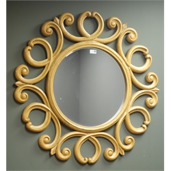  Circular bevel edged wall mirror, with scrolled frame, Diameter - 91cm  
