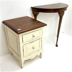 French style cream painted lamp table, two graduating drawers (W44cm, H61cm, D44cm) and a demi-lune hall table (2)