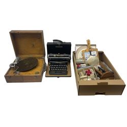 Assorted collectables, to include box with silver mounted cover, hallmarked Birmingham, various shells including example carved with religious scene, collection of cigarette cards and tea cards, boxed gramophone, cased typewriter, etc. 