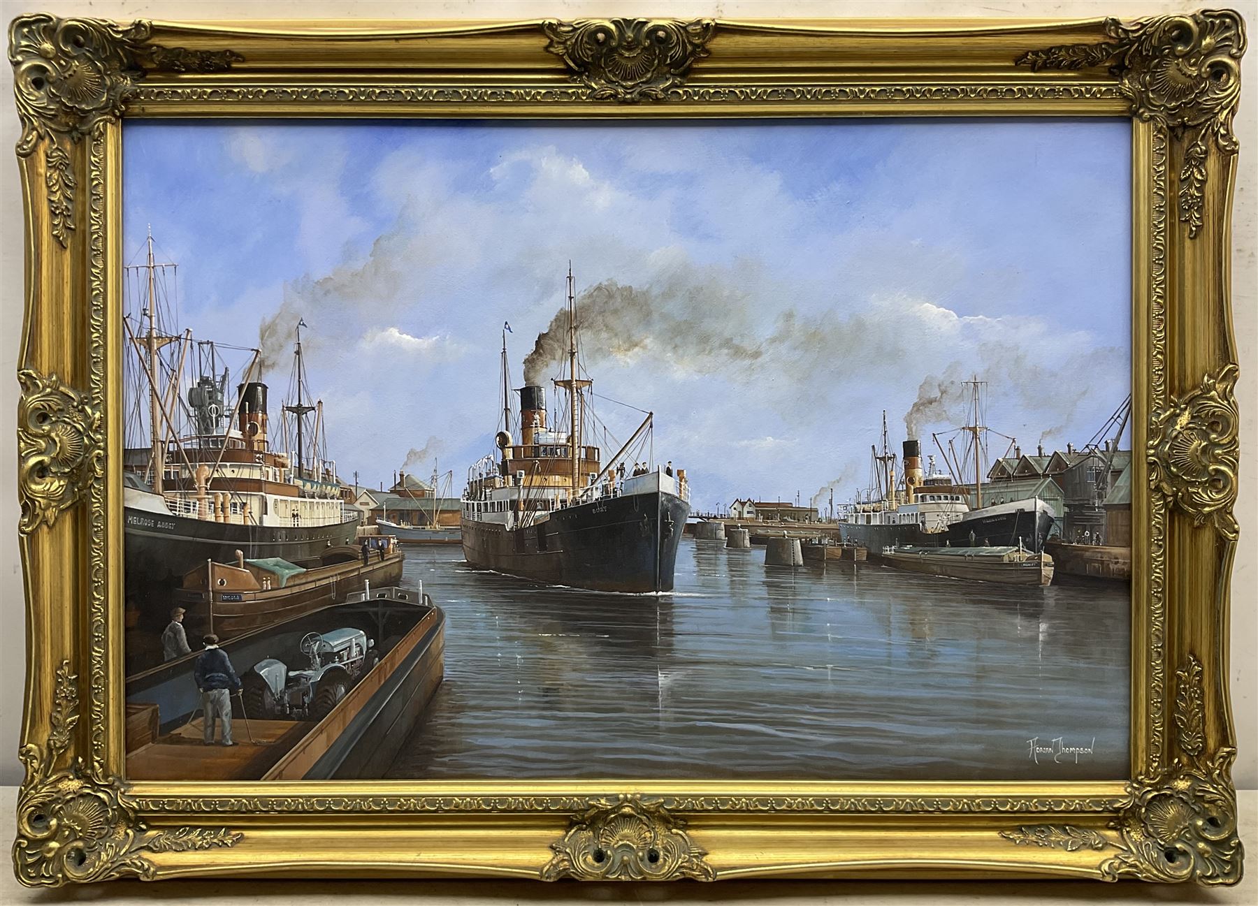 Adrian Thompson (British 1960-): 'Melrose Abbey' and other Steam Vessels at Hull Docks, oil on canvas signed 50cm x 75cm