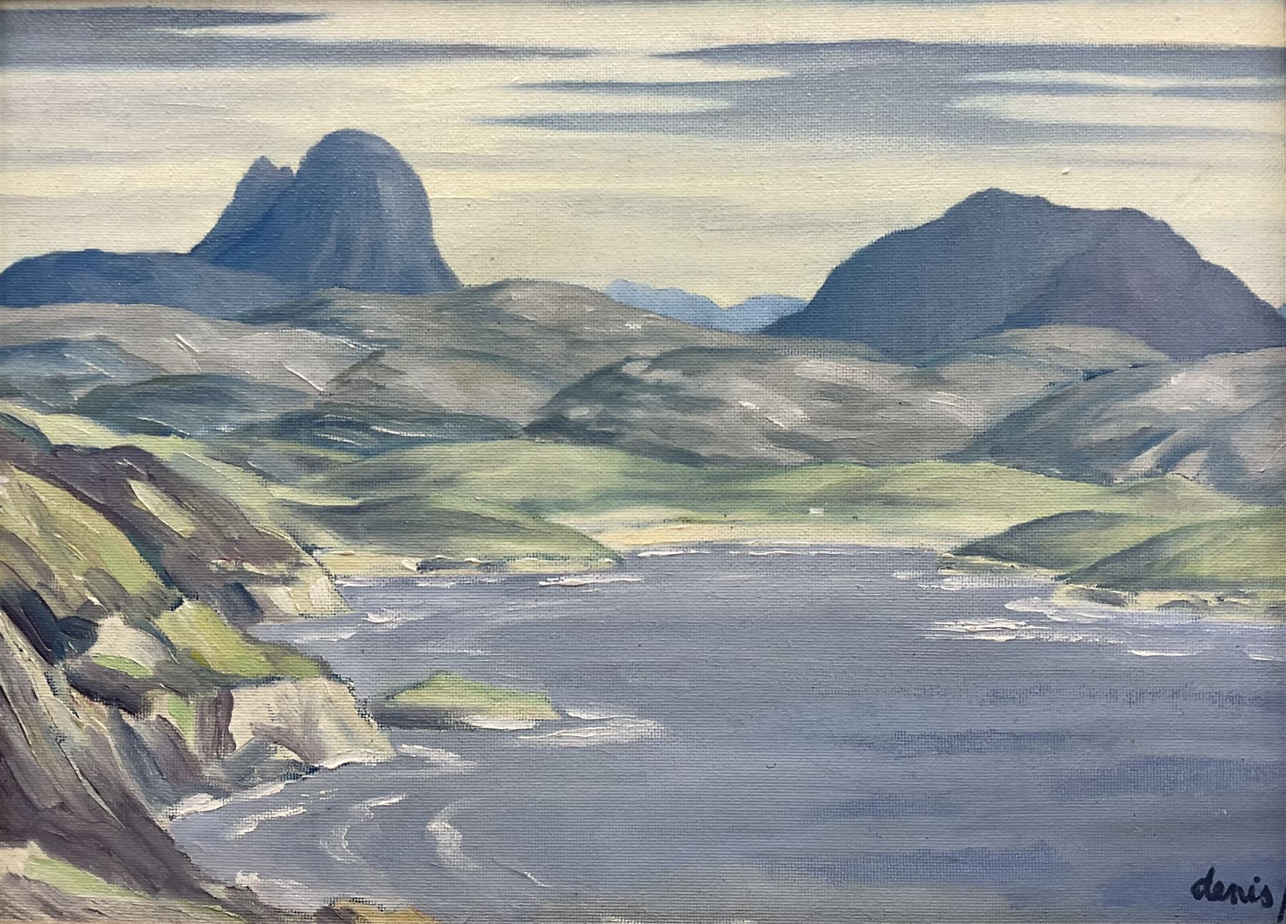 Circle of Denis Peploe RSA (Scottish 1914-1993): Loch Landscape, oil on board signed 34cm x 47cm