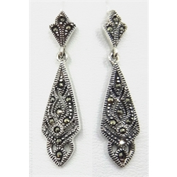  Pair of silver marcasite pendant ear-rings stamped 925  