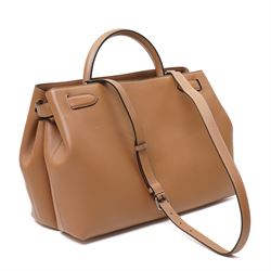 Mulberry - Islington handbag in Teak Silky Calf leather with black piping, the structured body with single rolled top handle, gold-tone Postman’s Lock fastening and front strap detail, with detachable and adjustable shoulder strap, opening to a spacious two-division interior with Mulberry monogram fabric lining, with original Mulberry product tag, care booklet and dust bag