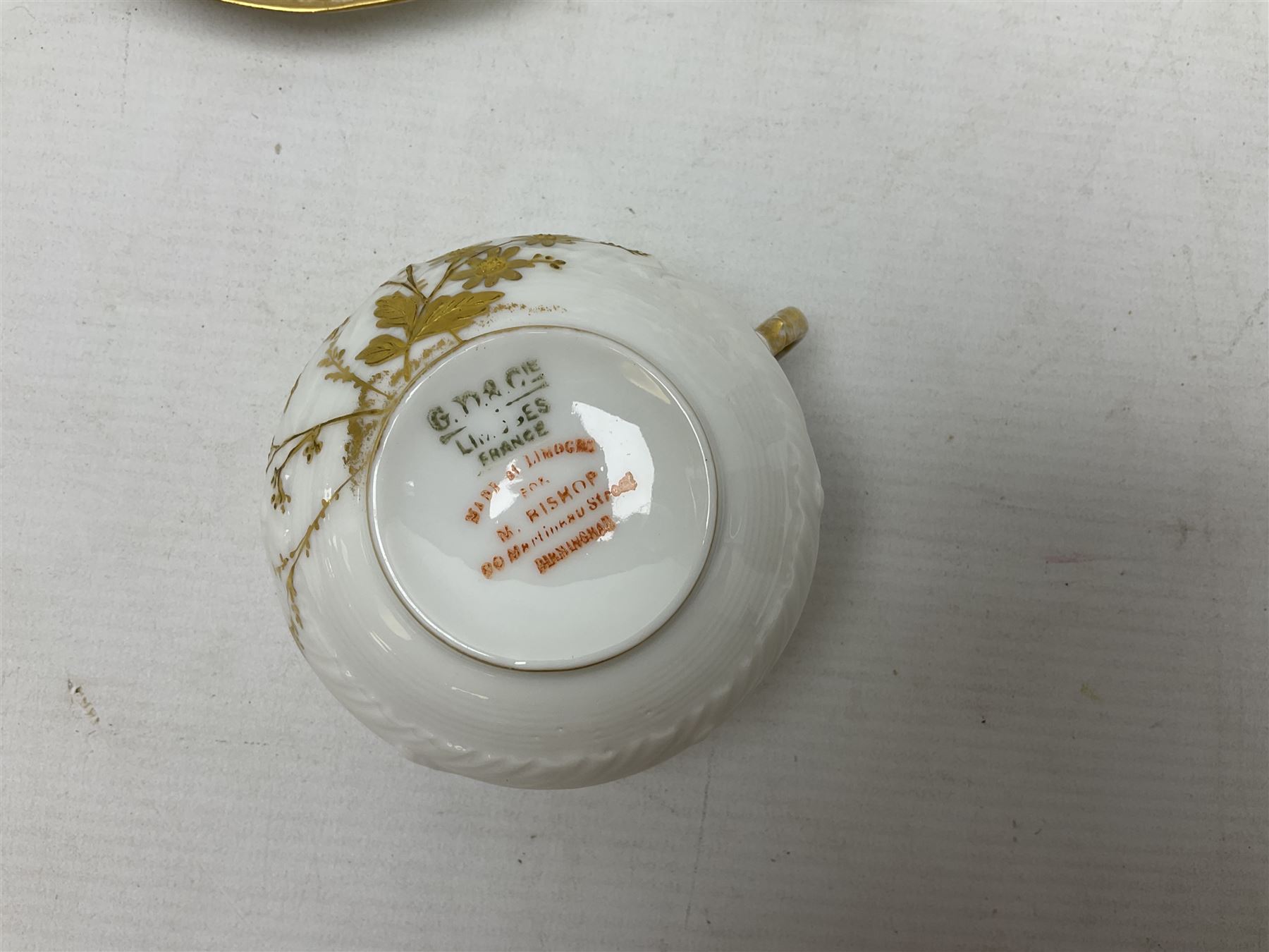 Collection of Victorian and later ceramics to include Gray's Pottery Sunderland lustre York Minister plate, Limoges M. Bishop tea service for one, ornately decorated with gilt foliate sprays on plain white ground, no 2350, Wedgwood no y2715 blue and white sucrier and jug, Chinese blue and white dish with gilt banding,