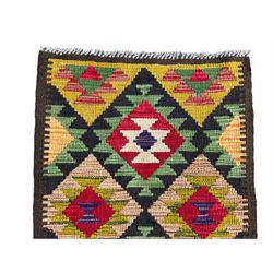 Afghan Maimana Kilim multi-colour runner rug, decorated with all-over geometric lozenges surrounded by a dark indigo border