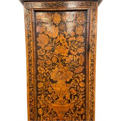 William & Mary floral marquetry 8-day longcase clock c 1700, later mid-18th century four pillar rack striking movement with a square brass dial and subsidiary seconds dial, ringed winding holes and calendar aperture to the matted dial centre, with London cherub head cast spandrels and (later) fretted steel hands, silvered Roman numeral chapter ring with stylised fleur di Lis half hour makers, narrow Arabic five-minutes, minute track and inner quarter hour track, signed Thomas Horlock, Hammersmith, 
case with box upstand to the domed floral marquetry decorated caddy with three brass flame finials, above a moulded cornice and fretwork frieze,  inlaid hood door with attached barley twist pillars to the front above an inlaid convex moulding, full length D moulded trunk door with a circular lenticle inlaid with floral and foliage panels inhabited with birds, on a conforming marquetry plinth with applied double skirting. Thomas Horlock is recorded as a Whitesmith & Clockmaker of Hammersmith, Middlesex.
A copy of Thomas Horlock's will dated the 15th June 1757 is held at The National  Archives Kew.