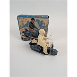 Mettoy friction drive Lambretta scooter no. 8134, the blue plastic scooter with cream handlebars and clear windshield, the rider with cream hat and clothing, stamped MTY 143 to front mud guards, in original box