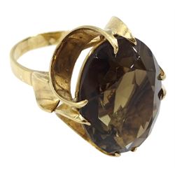 9ct gold large oval smoky quartz ring, hallmarked