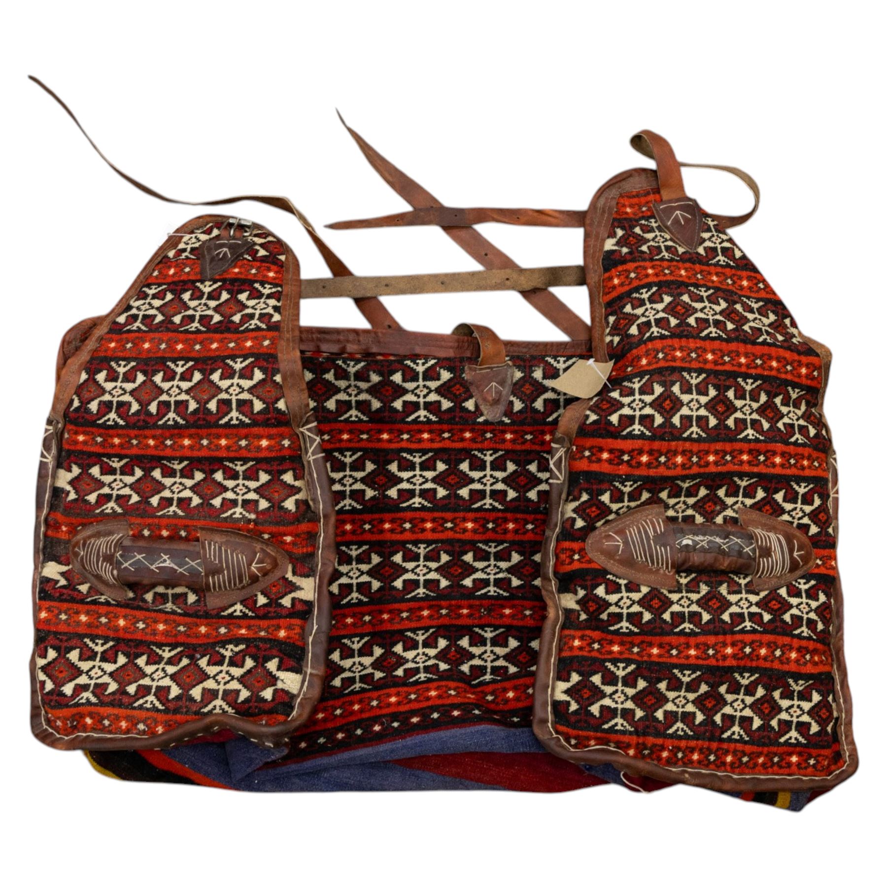 South West Persian Qashqai bag, woven body decorated with bands of geometric motifs in red, ivory and dark tones, with leather fittings and straps, underside with flatweave stripped bands 