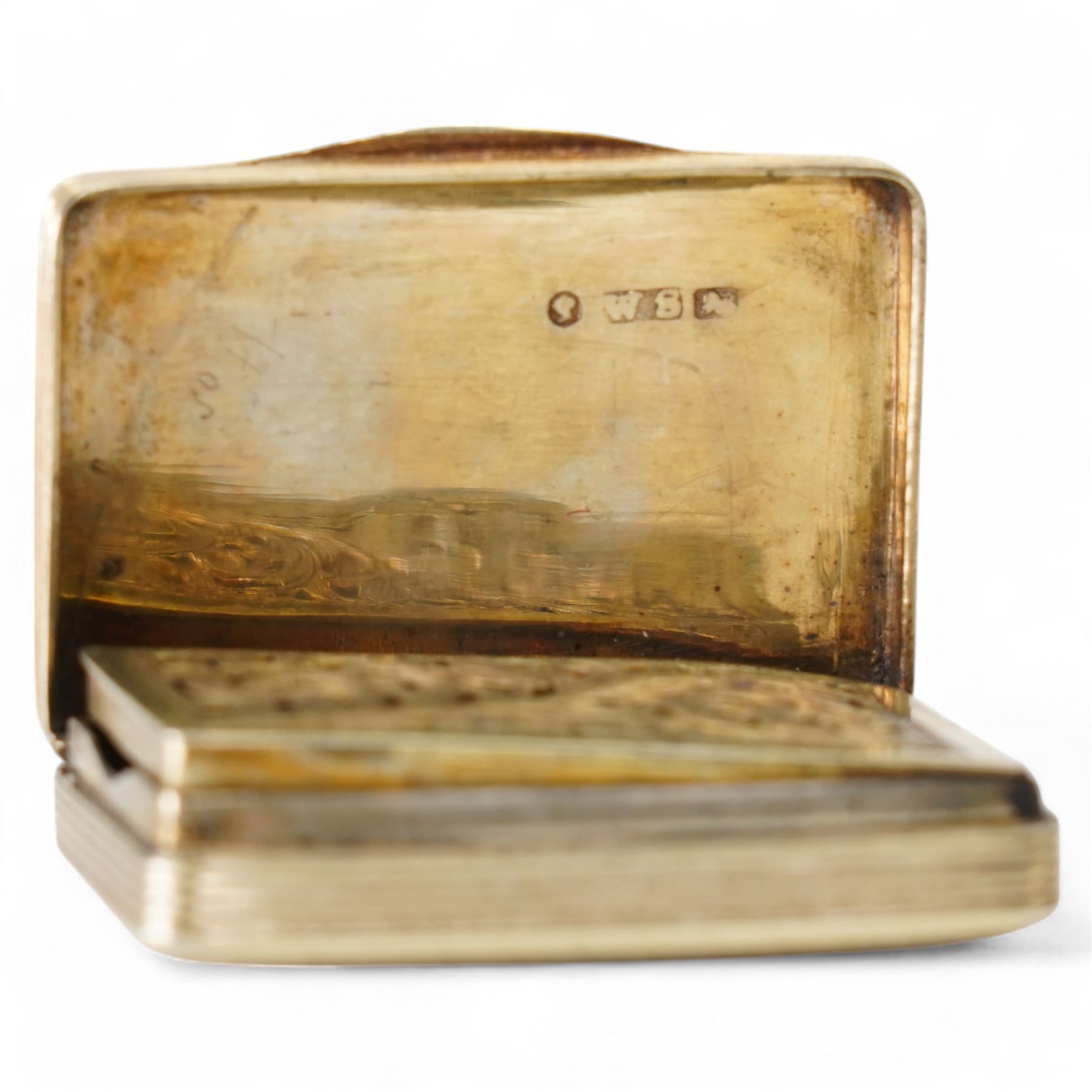 Victorian silver gilt rectangular vinaigrette with engine turned decoration and vacant cartouche Birmingham 1840 Maker William Simpson