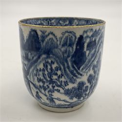 Rare 18th century Bow porcelain coffee cup, circa 1765-1770, profusely decorated with figures and dwellings in a rocky landscape, the interior with wide foliate border, H6cm